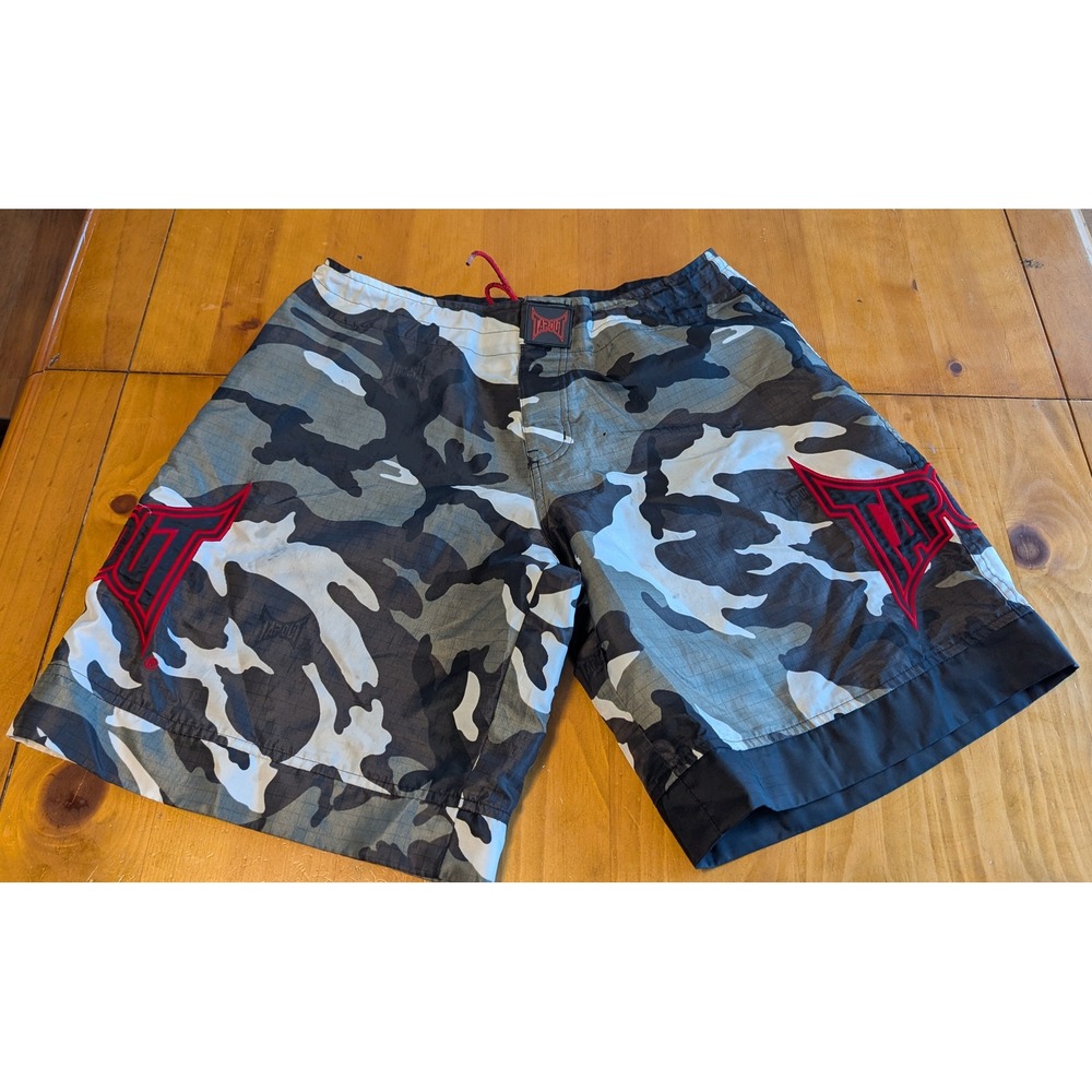 Y2k Tapout MMA Fight Shorts Mens 34 Grey Camo Ripstop Embroidered Logo Red Black